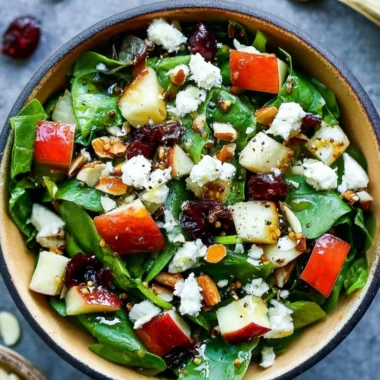 Apple Almond Feta Spinach Salad with vibrant ingredients and toppings.