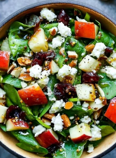 Apple Almond Feta Spinach Salad with vibrant ingredients and toppings.
