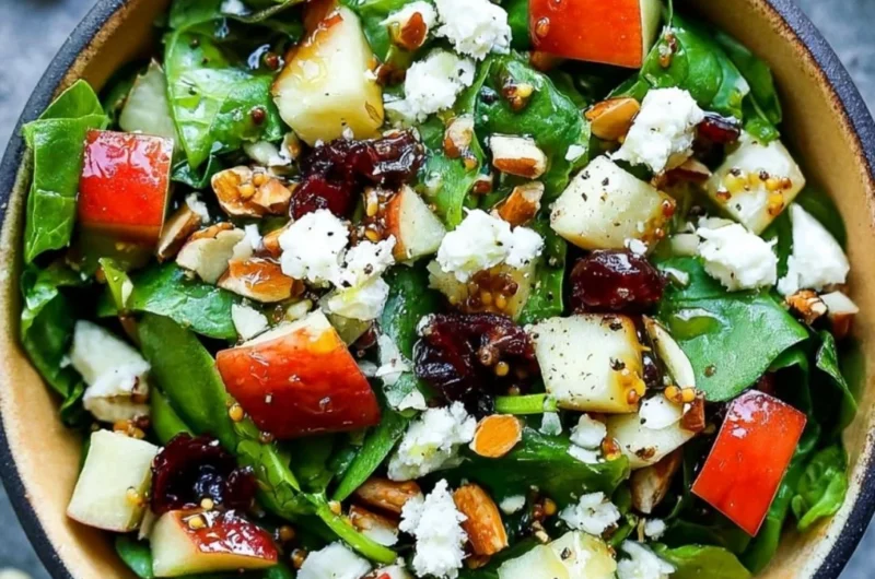 Apple Almond Feta Spinach Salad with vibrant ingredients and toppings.