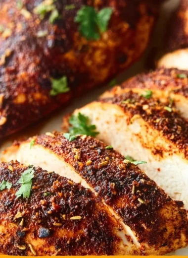 Baked Cajun Chicken Breasts seasoned with spices on a plate