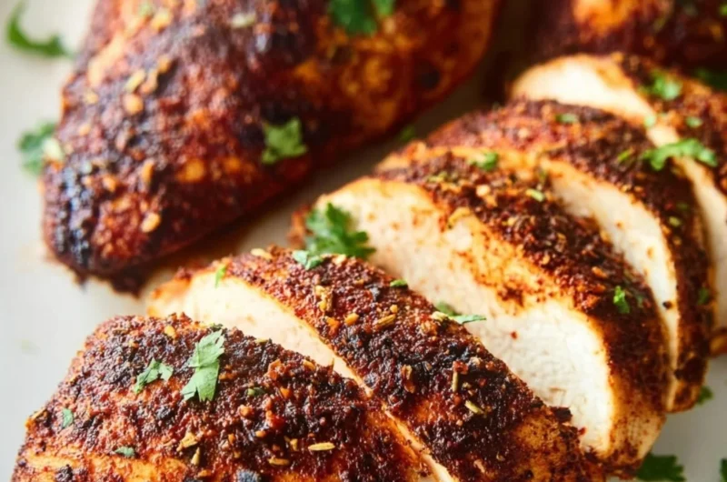 Baked Cajun Chicken Breasts seasoned with spices on a plate