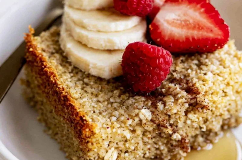 Delicious baked oatmeal topped with fruits and nuts in a baking dish