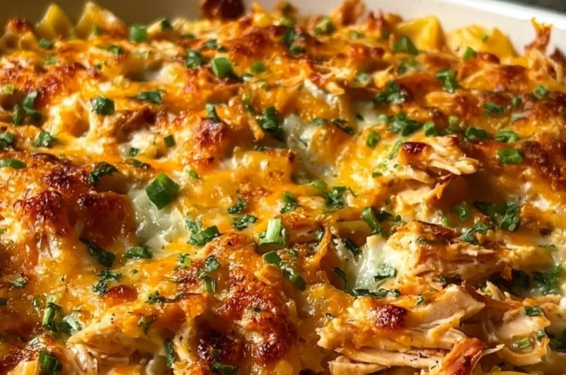 BBQ Ranch Chicken Casserole topped with cheese and herbs served in a baking dish