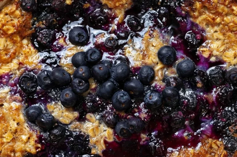 Delicious blueberry baked oatmeal in a dish, topped with fresh blueberries.