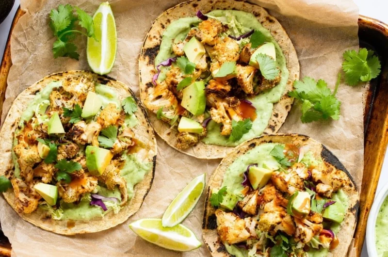 Delicious cauliflower tacos topped with creamy avocado sauce.