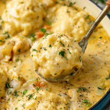Delicious bowl of Chicken and Dumplings with fresh herbs