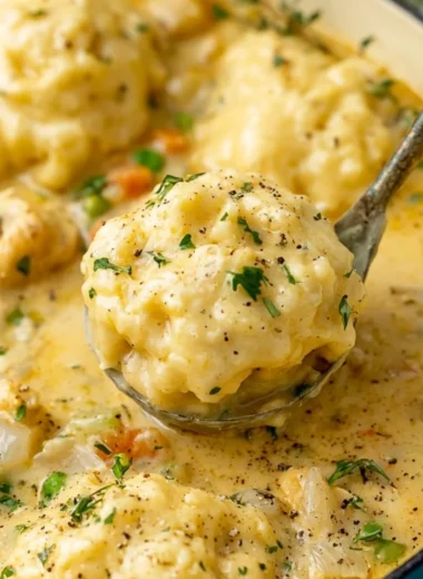 Delicious bowl of Chicken and Dumplings with fresh herbs