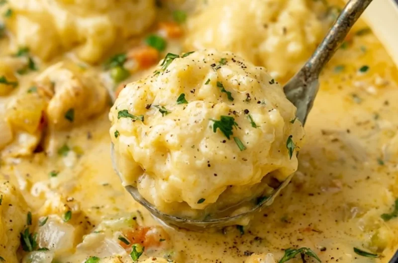 Delicious bowl of Chicken and Dumplings with fresh herbs