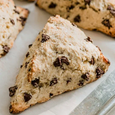 Delicious chocolate chip sourdough scones fresh out of the oven.