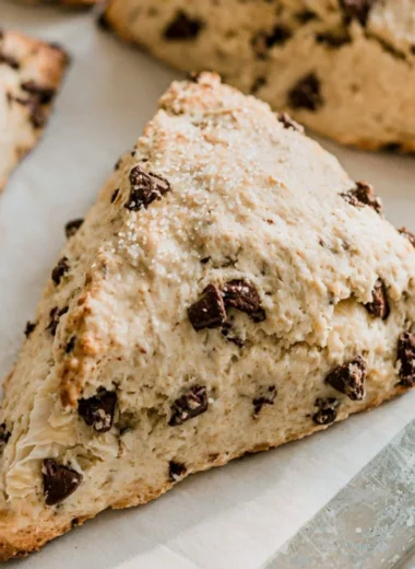 Delicious chocolate chip sourdough scones fresh out of the oven.