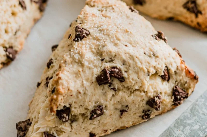 Delicious chocolate chip sourdough scones fresh out of the oven.