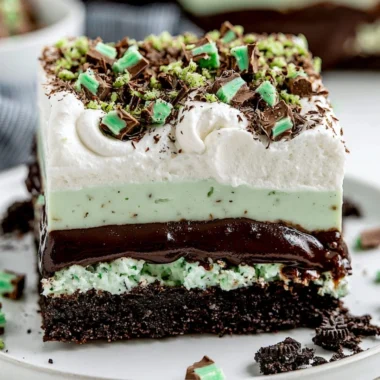 Delicious Chocolate Mint Lasagna dessert with layers of chocolate and mint.
