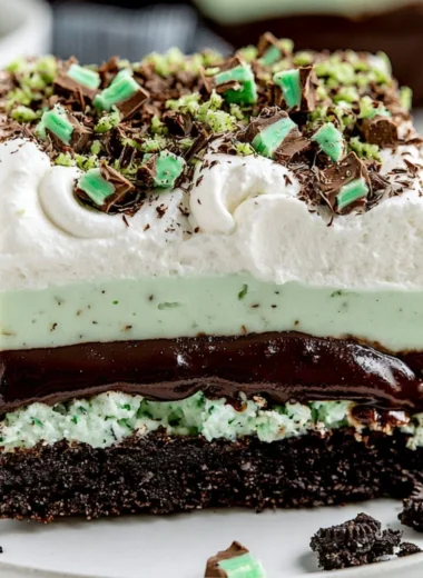 Delicious Chocolate Mint Lasagna dessert with layers of chocolate and mint.