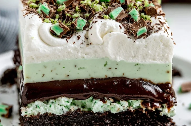 Delicious Chocolate Mint Lasagna dessert with layers of chocolate and mint.