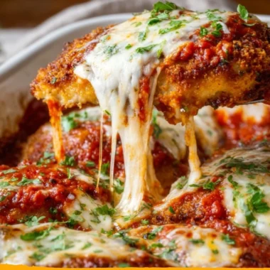 Plate of classic Chicken Parmesan with marinara sauce and melted cheese