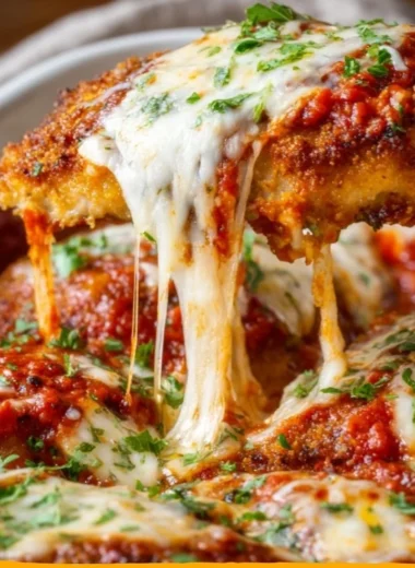 Plate of classic Chicken Parmesan with marinara sauce and melted cheese
