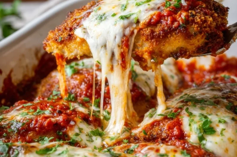 Plate of classic Chicken Parmesan with marinara sauce and melted cheese