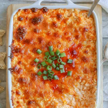 Cottage Cheese Buffalo Chicken Dip served in a bowl with tortilla chips