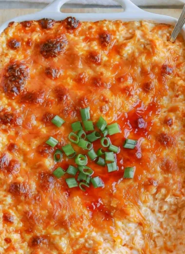 Cottage Cheese Buffalo Chicken Dip served in a bowl with tortilla chips
