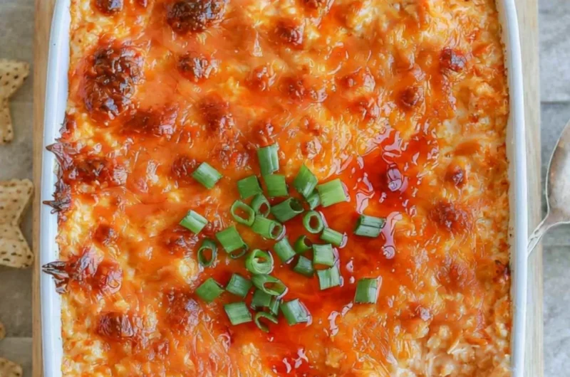 Cottage Cheese Buffalo Chicken Dip served in a bowl with tortilla chips