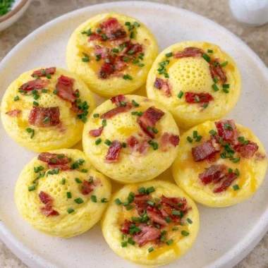Plate of fluffy cottage cheese egg bites garnished with herbs