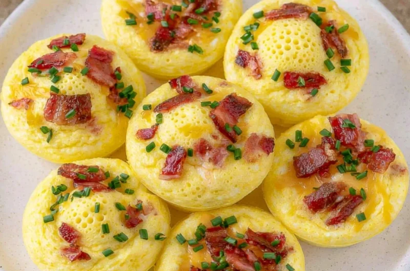 Plate of fluffy cottage cheese egg bites garnished with herbs