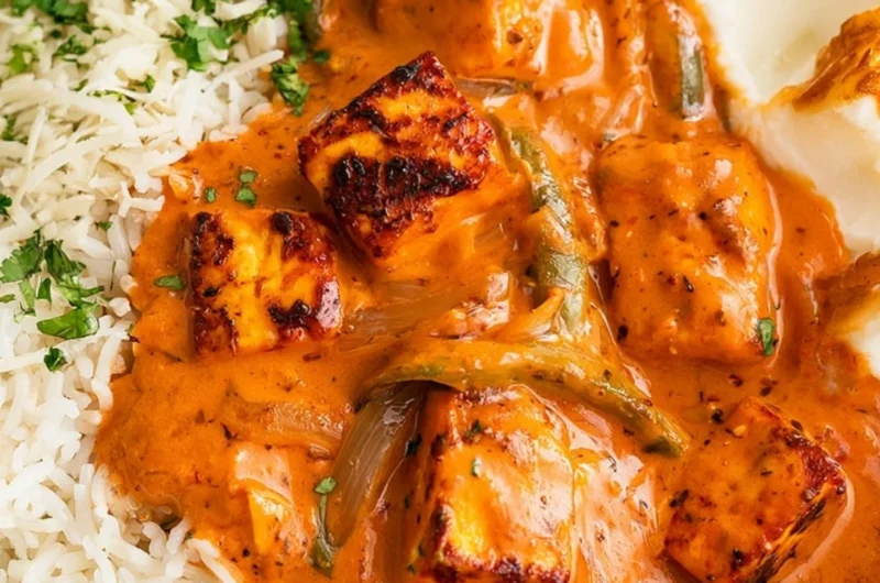 A delicious plate of Cottage Cheese Tikka Curry garnished with fresh herbs.