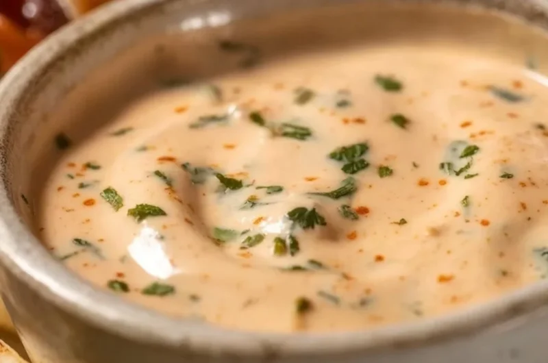 Creamy and spicy fish taco sauce in a bowl with fresh ingredients
