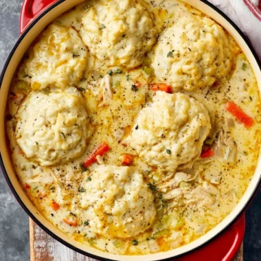 Creamy homemade chicken and dumplings in a bowl, ready to serve