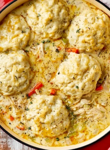 Creamy homemade chicken and dumplings in a bowl, ready to serve