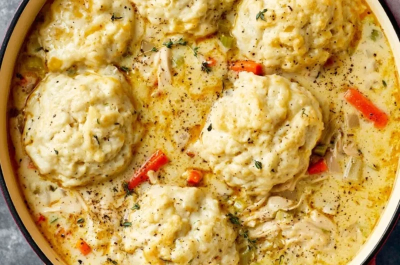 Creamy homemade chicken and dumplings in a bowl, ready to serve