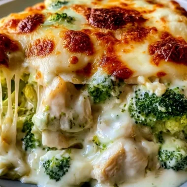 Creamy Keto Chicken Alfredo Broccoli Bake topped with cheese in a casserole dish