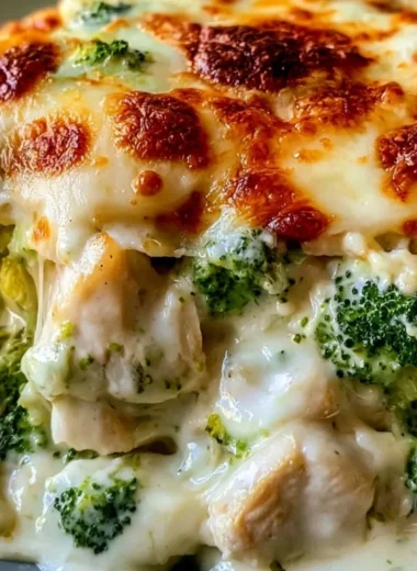 Creamy Keto Chicken Alfredo Broccoli Bake topped with cheese in a casserole dish