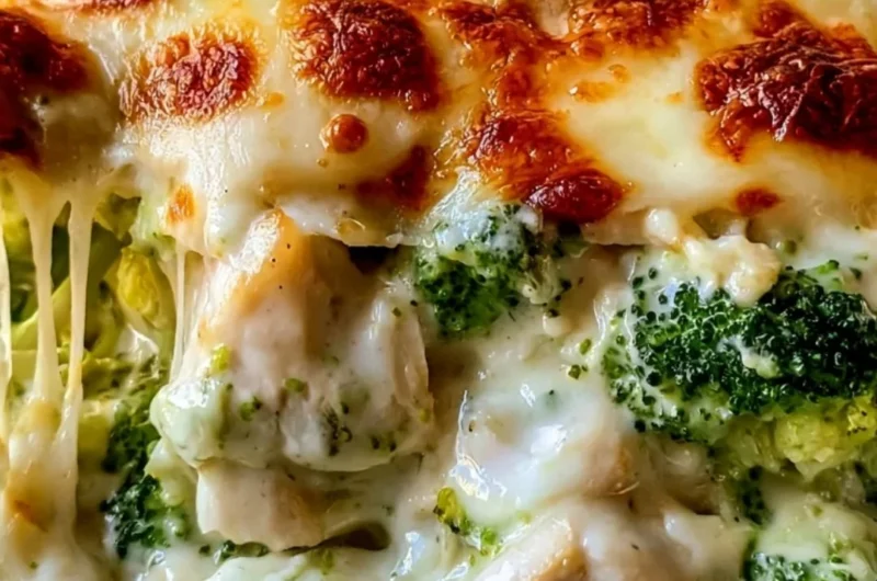 Creamy Keto Chicken Alfredo Broccoli Bake topped with cheese in a casserole dish