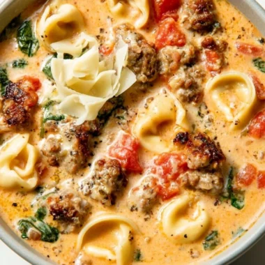 Creamy tortellini soup bowl with fresh herbs and parmesan cheese