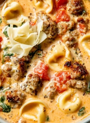 Creamy tortellini soup bowl with fresh herbs and parmesan cheese