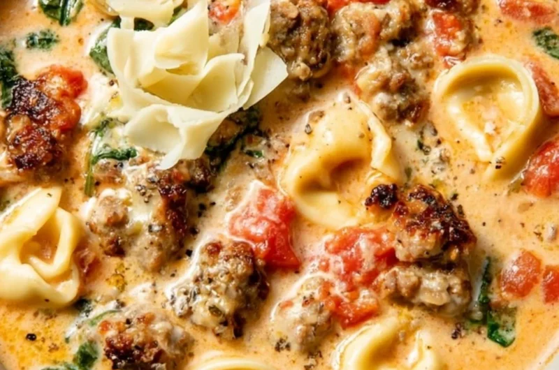 Creamy tortellini soup bowl with fresh herbs and parmesan cheese