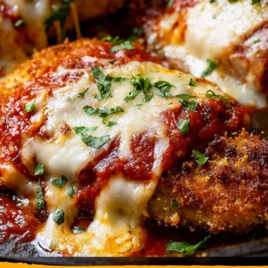 Delicious crispy Chicken Parmesan with marinara sauce and melted cheese