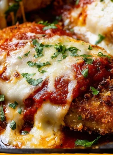 Delicious crispy Chicken Parmesan with marinara sauce and melted cheese