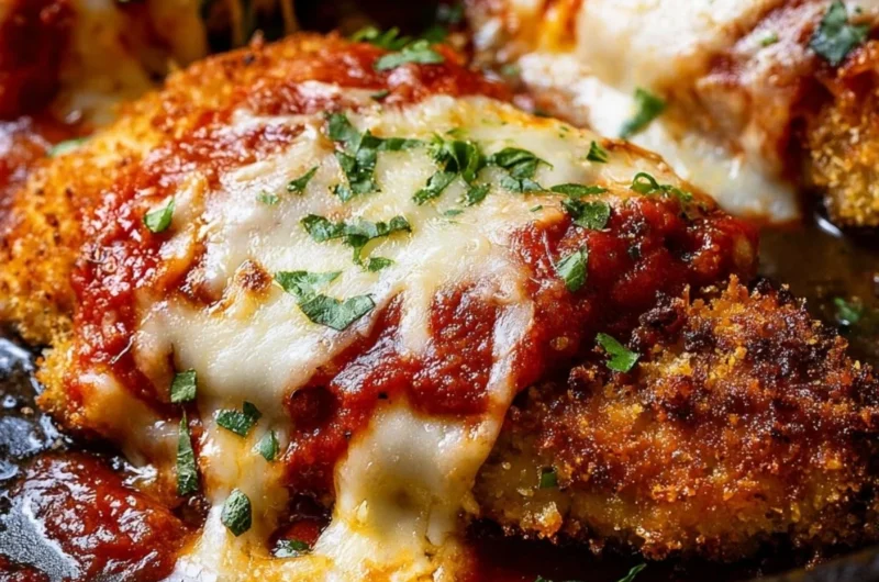 Delicious crispy Chicken Parmesan with marinara sauce and melted cheese