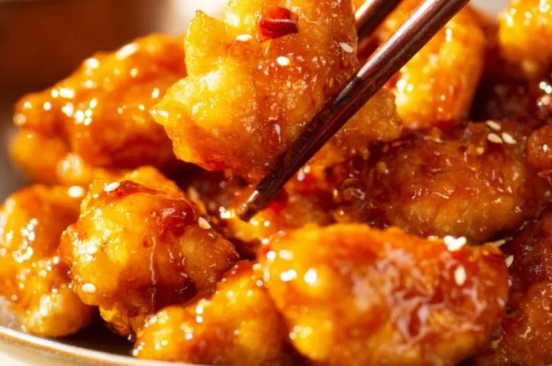 Crispy orange chicken served with vibrant orange sauce and garnished with green onions.