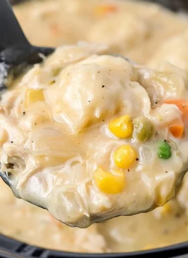Crock Pot chicken and dumplings with biscuits, a comforting dinner recipe.