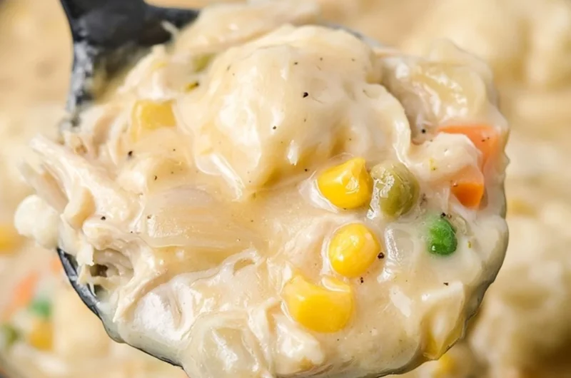Crock Pot chicken and dumplings with biscuits, a comforting dinner recipe.