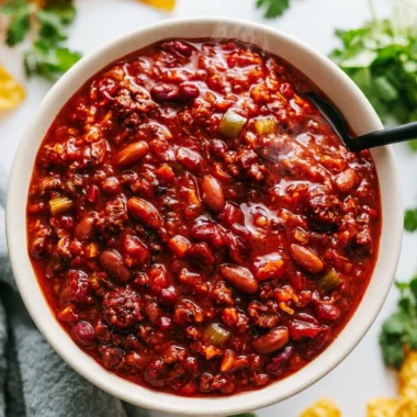 Bowl of delicious Crockpot Chili simmering with spices and ingredients