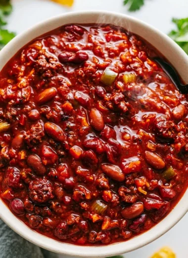 Bowl of delicious Crockpot Chili simmering with spices and ingredients