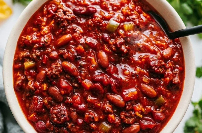 Bowl of delicious Crockpot Chili simmering with spices and ingredients