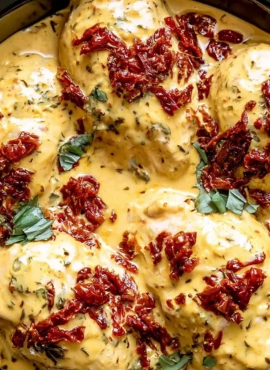 Crockpot Marry Me Chicken ready to serve with creamy sauce and herbs