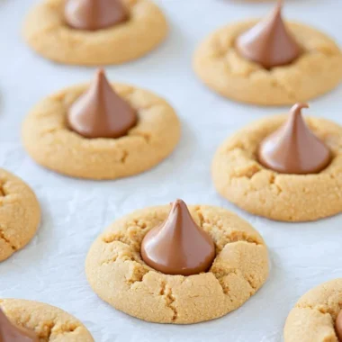 A plate of easy peanut butter blossoms cookies with chocolate kisses on top.