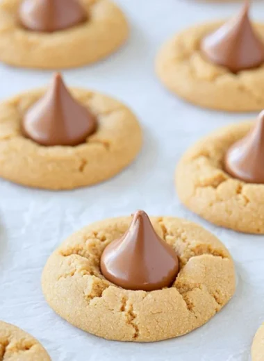 A plate of easy peanut butter blossoms cookies with chocolate kisses on top.