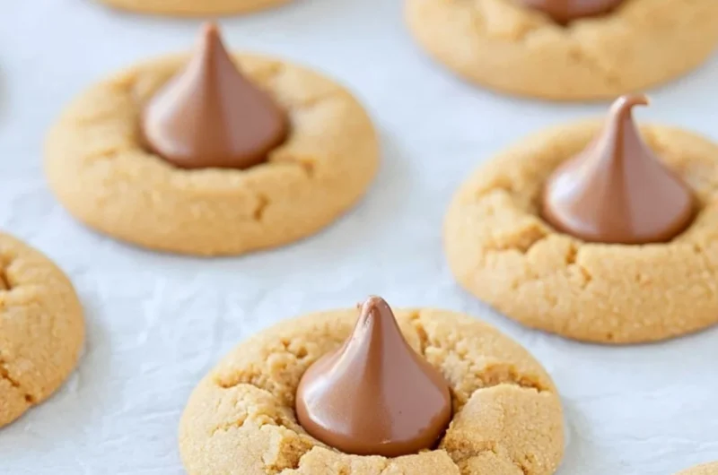 A plate of easy peanut butter blossoms cookies with chocolate kisses on top.